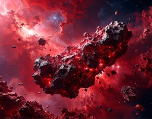 Fiery asteroid hurtling through crimson nebula of space