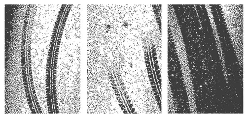 Vector set of distressed tire tracks texture overlays Grunge black and white wheel print backgrounds with speckle effect