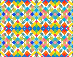 A vibrant geometric pattern featuring overlapping diamond shapes in a kaleidoscope of colors, creating a dynamic visual effect