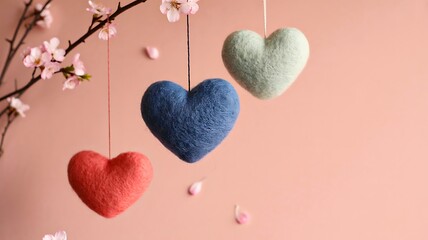 Obraz premium Hanging heart ornaments with spring blossom background 
