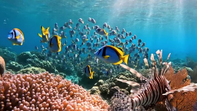 Underwater scene of vibrant fish swimming near coral reef in the ocean viewed from a side angle