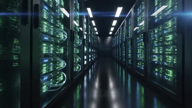 Abstract blue technology background showing glowing binary code and digital data flowing through a global network