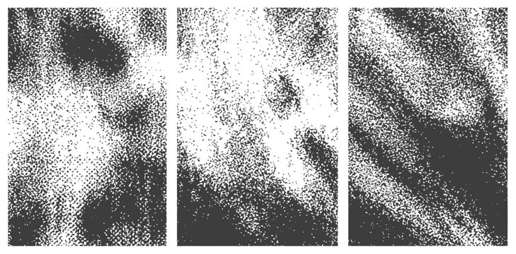 Set of three distressed black and white vector grit textures Grunge overlay backgrounds abstract noise and halftone dots