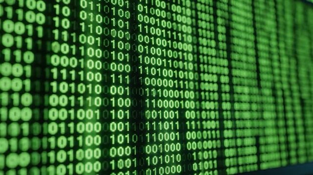 A close-up of a digital screen displaying a stream of green binary code