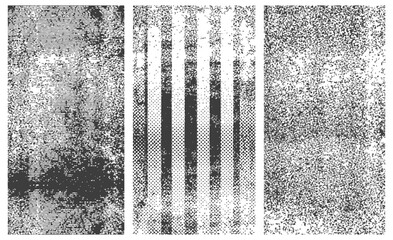 Three Monochrome Distressed Vector Textures Set Grungy Background Overlays with Noise Halftone Dots Scan Lines and Vertical Stripes