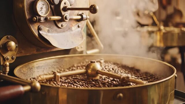 Coffee beans being roasted in a large industrial roaster with brass components in a commercial kitchen setting viewed from the side