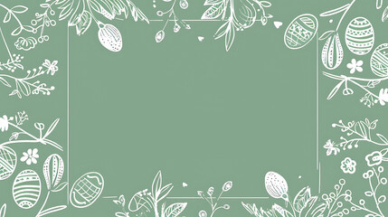  White line art Easter wreath and border on green background, simple style egg and plant leaf sketch for spring holiday invitation or poster template