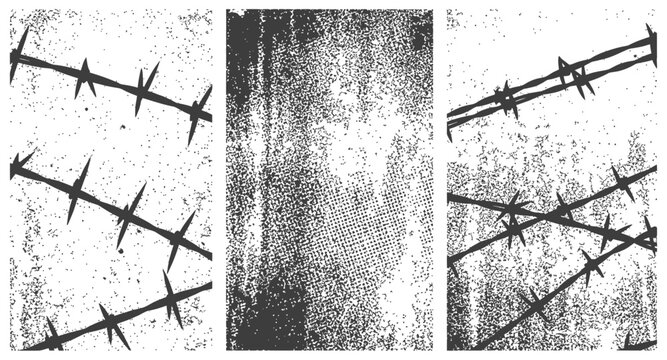 Black and white grunge vector set with distressed barbed wire and halftone texture backgrounds