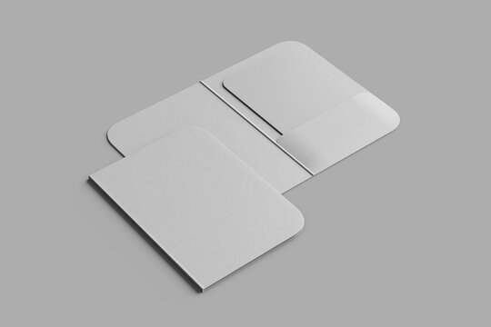 blank vertical hotel guest room entry access key card holders with rounded rectangle slipcase 3d render mockup template design flat lay perspective view