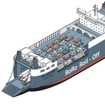 Large blue RoRo Roll Off cargo ship carrying multiple vehicles and containers on deck.