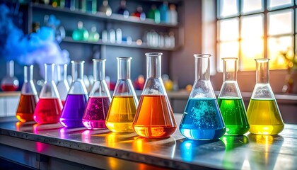 A vibrant laboratory scene featuring a row of conical flasks filled with colorful liquids, illuminated by sunlight