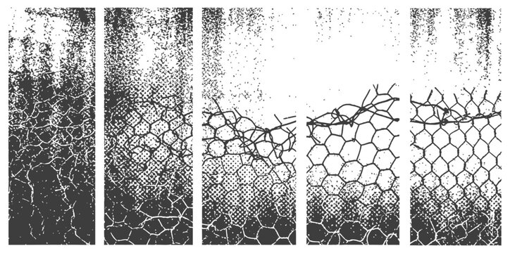 Vector Grunge Distressed Textures Set with Chicken Wire Halftone and Cracked Effects Black and White