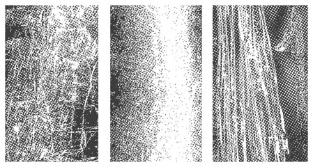 Set of three vertical grunge textures with halftone patterns distressed effect black and white vector pack