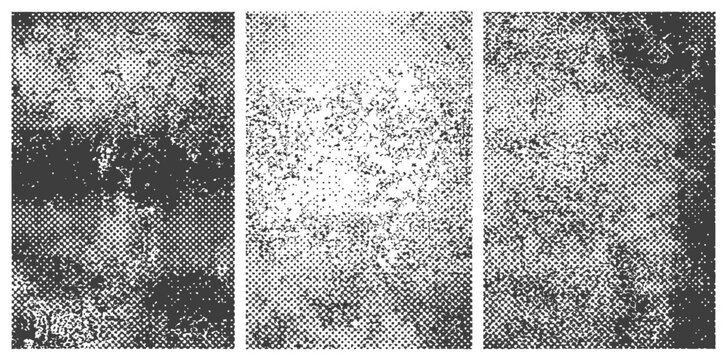 Three Halftone Grunge Textures Set Black and White Distressed Screen Print Effect Overlays Vector Backgrounds