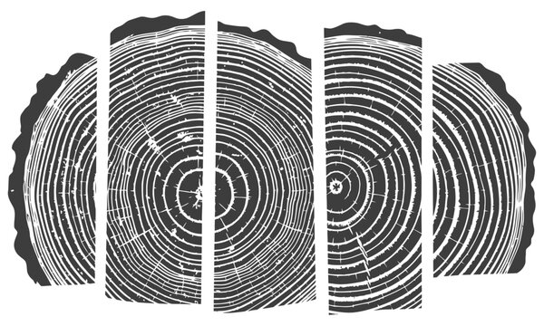 Black and White Vector Illustration of Tree Rings Split into Five Vertical Panels Wood Annual Growth Rings Texture Abstract Graphic