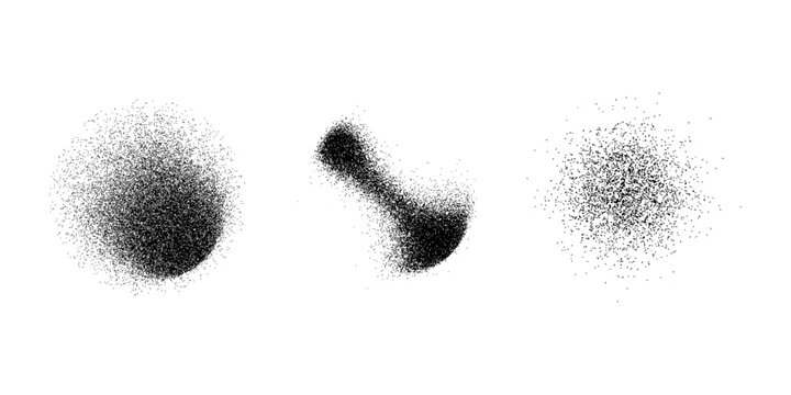 Grainy noise circles vector set. Dot grain texture circles. Spray texture sand and dissolving circles. Abstract black spheres with gradient stipple pattern.  Vector illustration