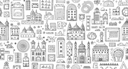 Obraz premium City Landmarks Illustration, Urban Sketches, Creative Design, Hand-drawn Style
