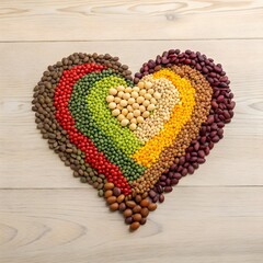 A heart-shaped arrangement of various colorful pulses on a wooden surface celebrating World Pulses Day.

