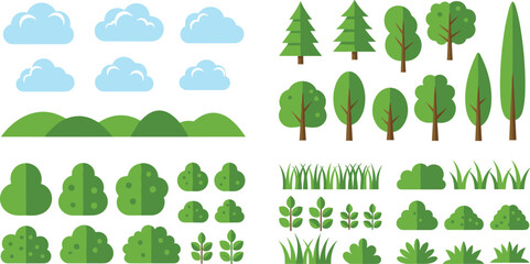 Fototapeta premium Flat nature elements illustration set, clouds hills trees bushes grass, green landscape assets collection, cartoon outdoor vector design