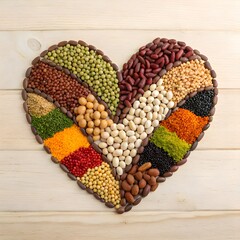 A heart-shaped arrangement of various colorful pulses on a wooden surface.
