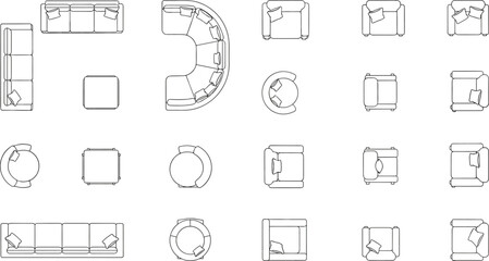 Top view furniture floor plan illustration set, sofa armchair seating layouts, interior design line art vector collection © VectoBloom