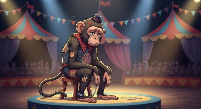 A dramatic digital illustration captures a melancholic, sad circus monkey sitting dejectedly on a wooden stool under a warm spotlight inside the big top tent.