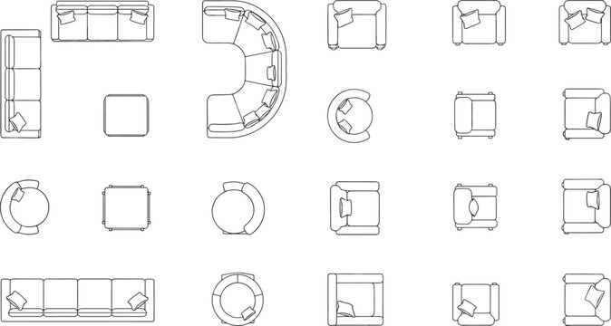 Top view furniture floor plan illustration set, sofa armchair seating layouts, interior design line art vector collection