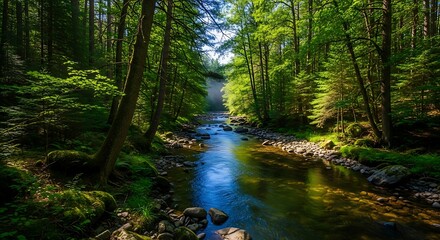 Obraz premium Tranquil Forest Stream Flowing Through Lush Green Trees and Sunlight Rays