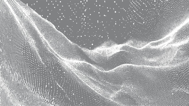 Abstract white dots forming topographic landscape on gray background points particles