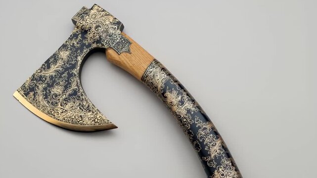 A decorative axe blade, A decorative axe blade featuring intricate designs and a polished finish