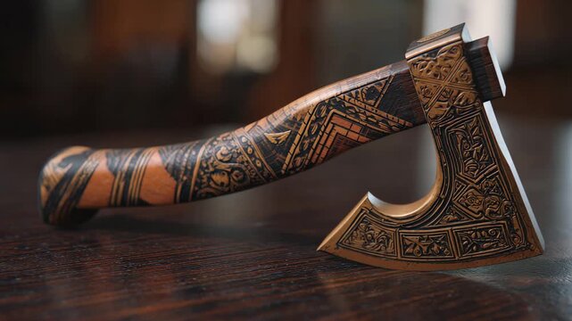 A decorative axe blade, A decorative axe blade featuring intricate designs and a polished finish