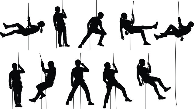 Silhouette Set of Rock Climbers and Rappellers Descending Ropes Isolated on White Background for Mountaineering Adventure Sports Industrial Maintenance and Extreme Outdoor Exploration Graphics