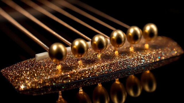 Acoustic guitar bridge and strings covered in golden glitter, Acoustic guitar bridge and strings embellished with bright golden glitter