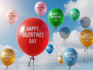 Happy valentines day colorful balloons floating in the blue sky with white clouds