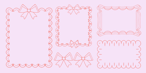 Delicate pink frames and borders with decorative bows and scalloped edges