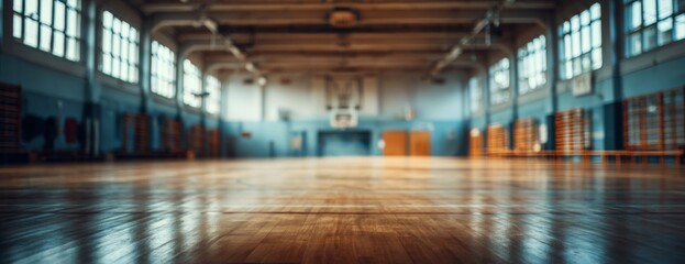 School sports hall with a wooden floor and large windows 