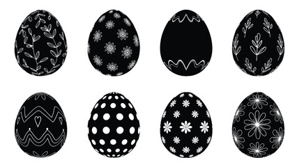 Fototapeta premium Set of eight black Easter eggs decorated with intricate white hand-drawn patterns including florals, polka dots, and zigzags, isolated on a white background.