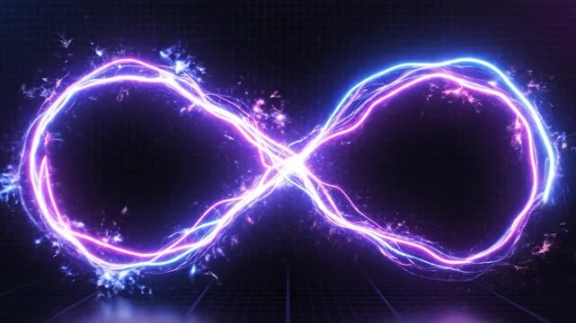 Glowing neon infinity symbol, vibrant purple and blue energy against dark backdrop
