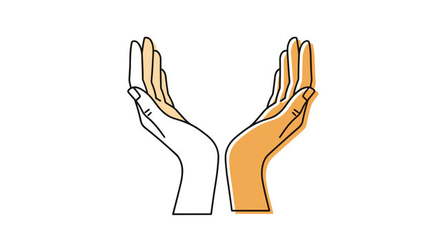 Minimalist illustration of two cupped hands in a protective or giving gesture, depicted in a simple black outline and orange color block style on a white background.
