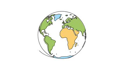 Fototapeta premium Minimalist continuous line drawing of planet Earth with colorful continents, symbolizing global unity, travel, and environmental awareness on a white background.