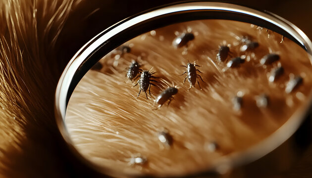 Close up of&nbsp;magnifying glass&nbsp;focusing on&nbsp;fleas&nbsp;on&nbsp;dog fur.