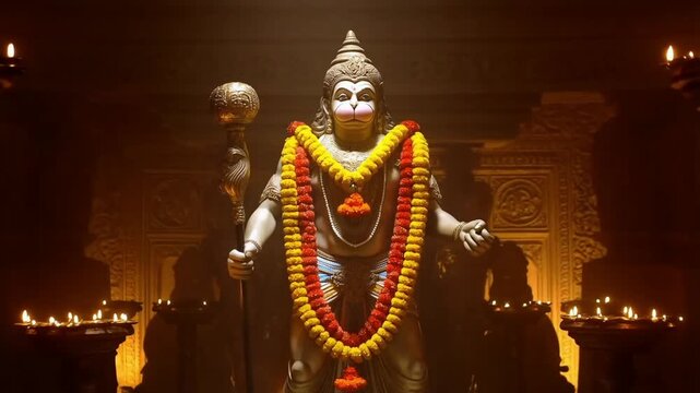 Hanuman Jayanti statue standing majestically with mace in hand, Ai generated images