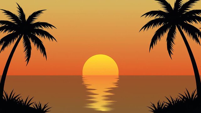 Beautiful tropical sunset scene with a golden sun setting over the calm ocean, framed by black silhouettes of palm trees.