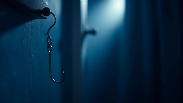 Blue fishing hook hanging in dark room, In a dark room, a blue fishing hook is prominently displayed