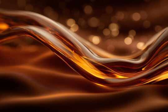 Silk glowing translucent warm gold liquid luxury amber wave bokeh. Deep rich texture evokes feeling of elegance and mystery through radiant light and soft curve in dark space