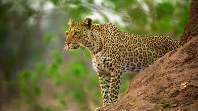 Majestic leopard stands alert on a rocky outcrop, gazing intently into the distance