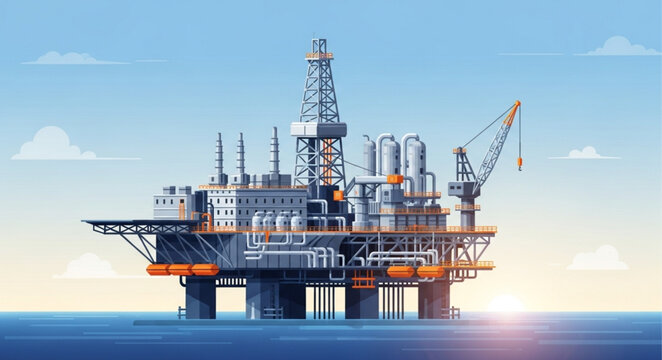 Offshore oil rig platform in the ocean under a clear sky.