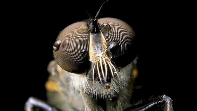 Extreme close-up macro photograph of a robber fly's compound eyes and fuzzy face