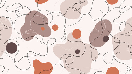 Abstract seamless pattern with organic shapes and thin lines in neutral earthy tones, creating a modern and minimalist aesthetic.