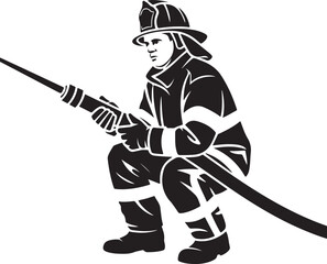 Monochrome illustration of firefighter crouching and holding fire hose, wearing protective gear